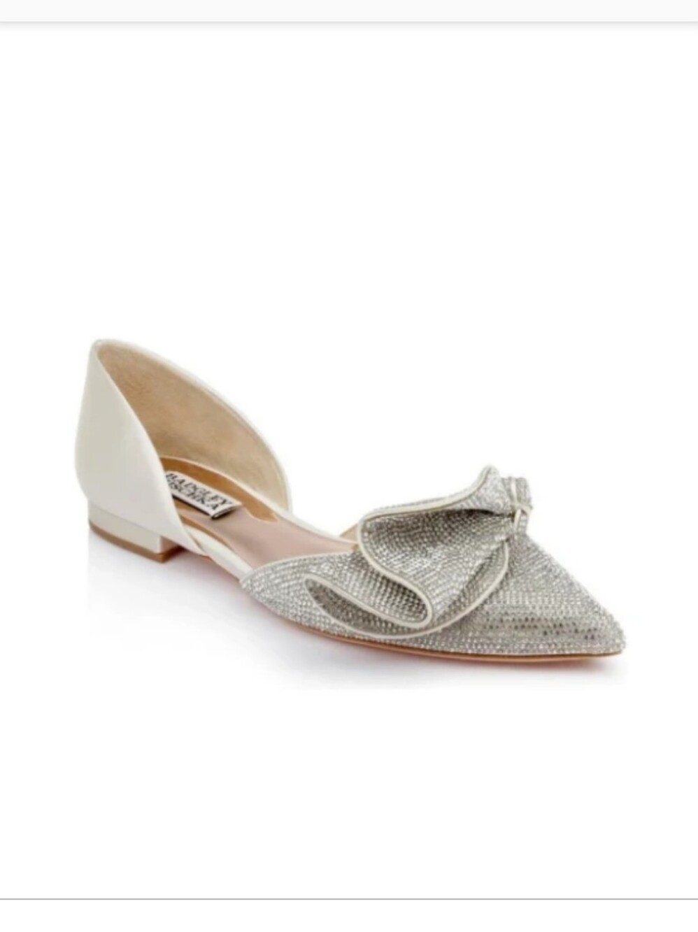 Badgley Mischka White and Silver Crystal Pointed D'Orsay Flat with Bow